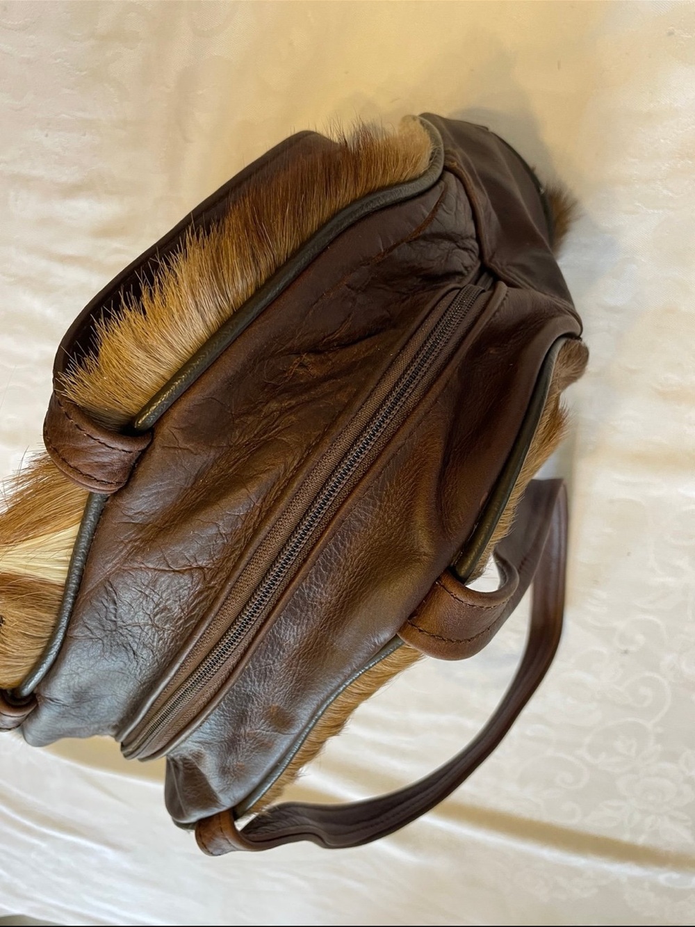 Faux Fur Brown Tote Bag with Leather Straps - Picture 6 of 11